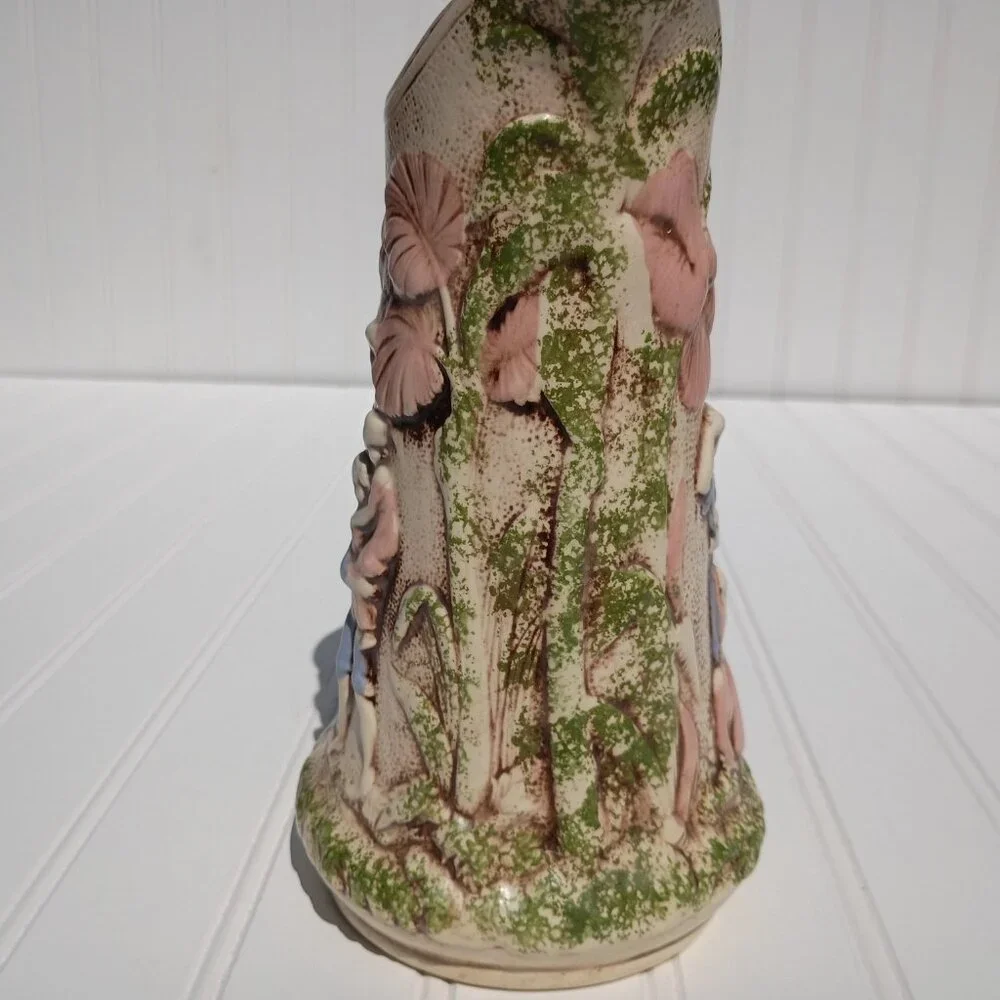 Vintage Handmade Pitcher Floral Relief Green Pink Majolica Style Victorian Vase